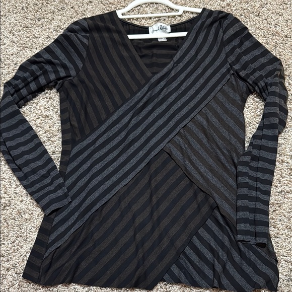 Joseph Ribkoff Striped Black and Gray/Brown and Gray V-Neck Top - 12 - Picture 1 of 3